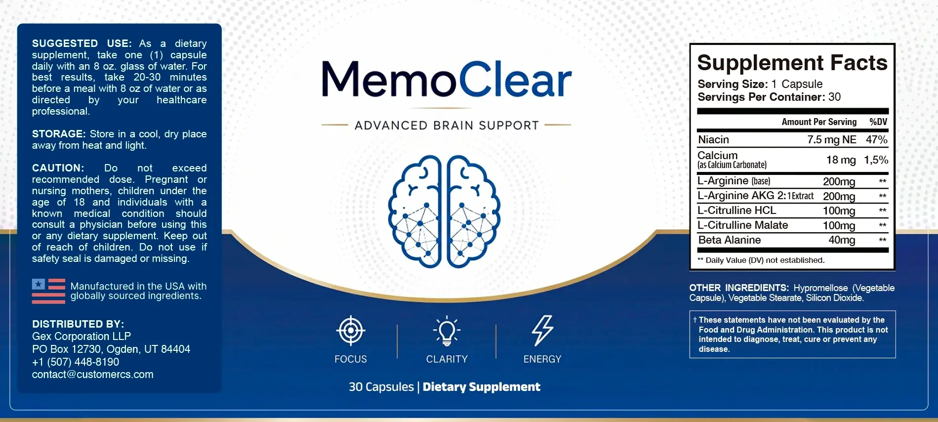 Memoclear label with Supplement Facts panel